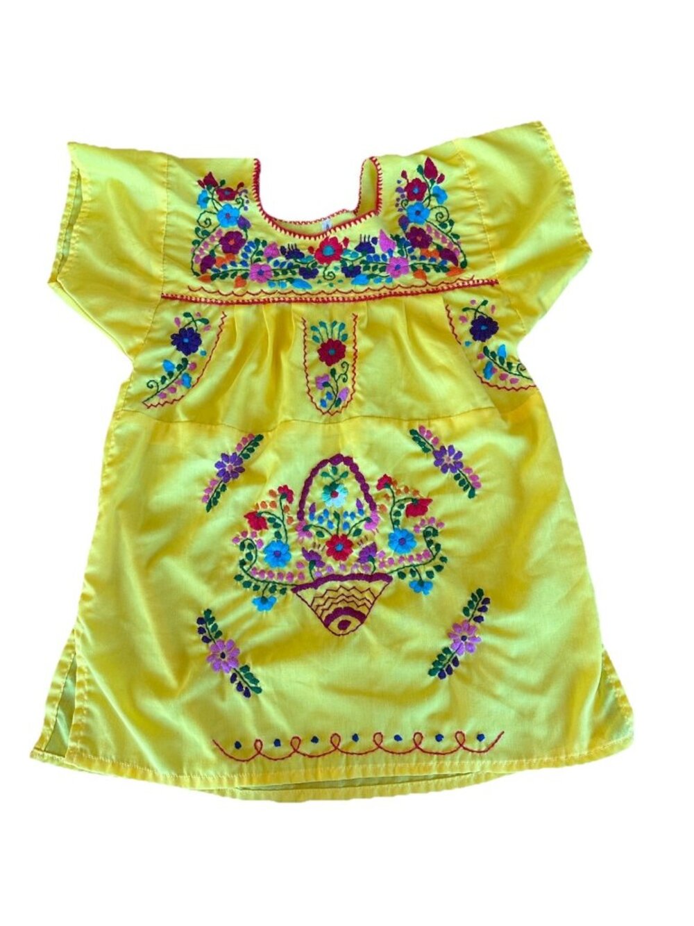 Bright Colorful Yellow Hand-Embroidered Mexican Puebla Shirt/Dress Girls 6